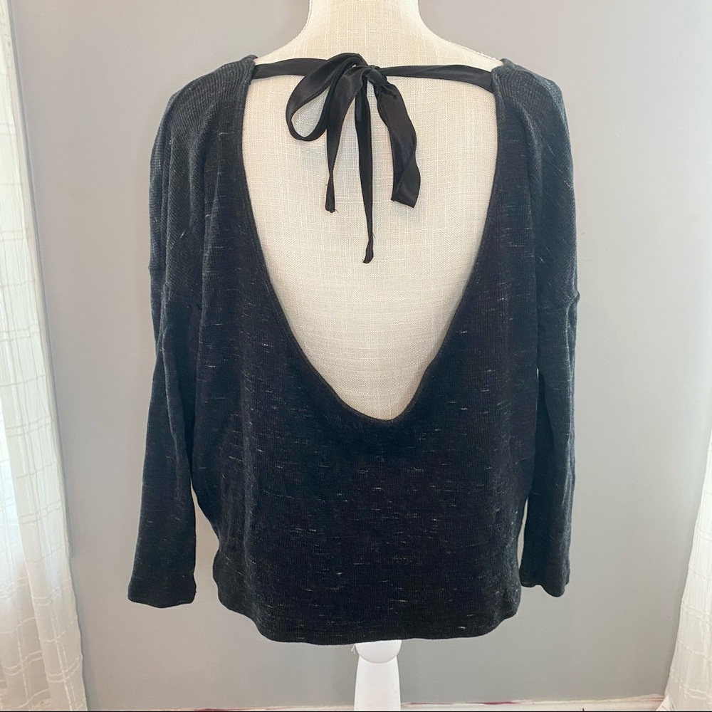 Aerie Plunge Shirt Lowcut Back Ribbon Sexy Black Medium Soft Casual Bow Waffle